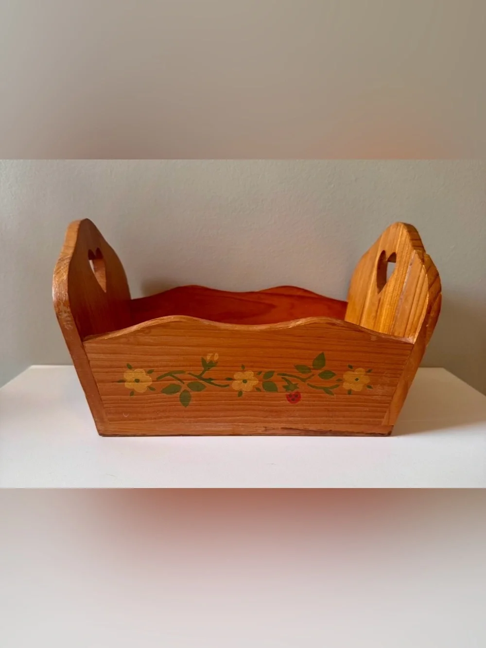Vintage Handcrafted Wooden Flower Tray with Heart Cutouts - Natural Wood